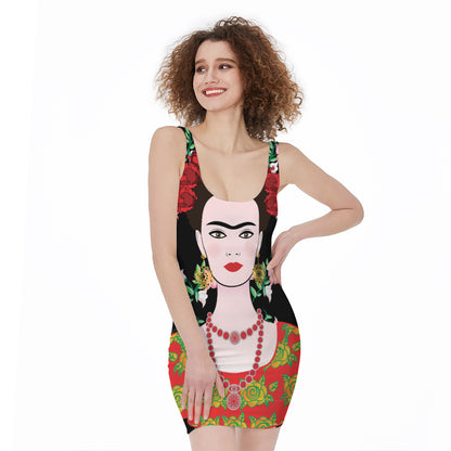 Frida Kahlo And Pink Flower Print Sleeveless Bodycon Dress