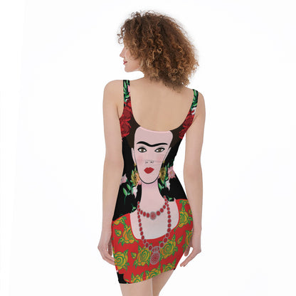 Frida Kahlo And Pink Flower Print Sleeveless Bodycon Dress