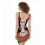 Frida Kahlo And Pink Flower Print Sleeveless Bodycon Dress
