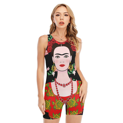 Frida Kahlo And Pink Flower Print Sleeveless One Piece Swimsuit