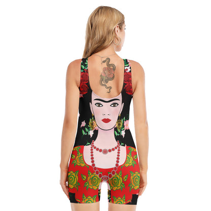 Frida Kahlo And Pink Flower Print Sleeveless One Piece Swimsuit