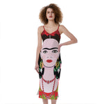 Frida Kahlo And Pink Flower Print Slim Fit Midi Cami Dress