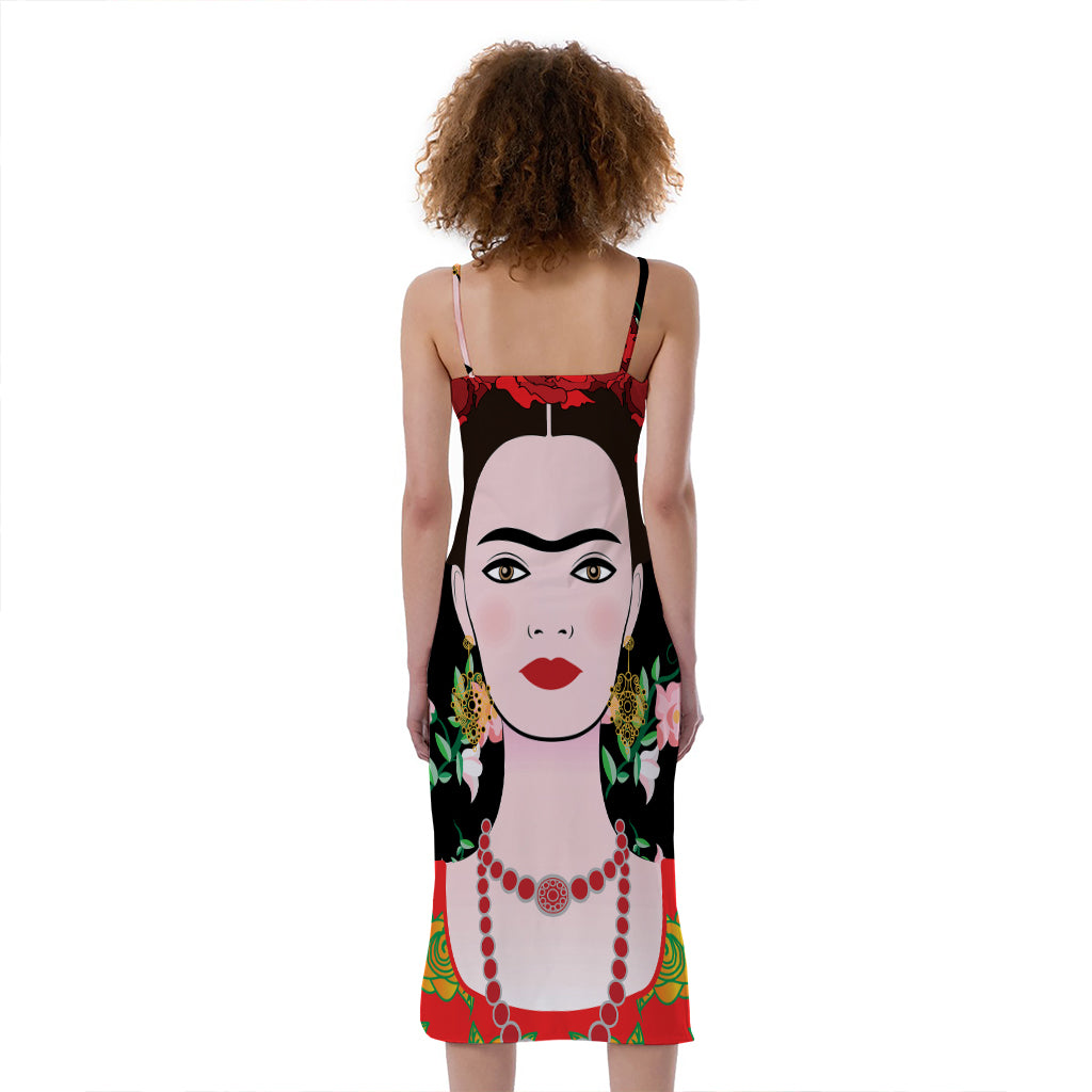 Frida Kahlo And Pink Flower Print Slim Fit Midi Cami Dress