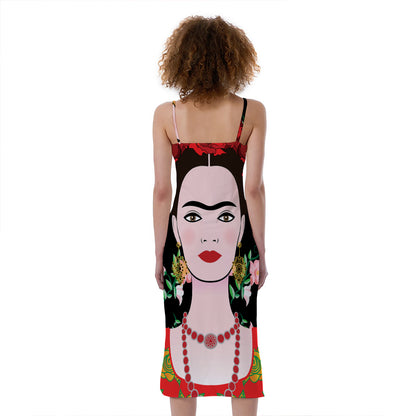 Frida Kahlo And Pink Flower Print Slim Fit Midi Cami Dress
