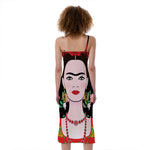 Frida Kahlo And Pink Flower Print Slim Fit Midi Cami Dress