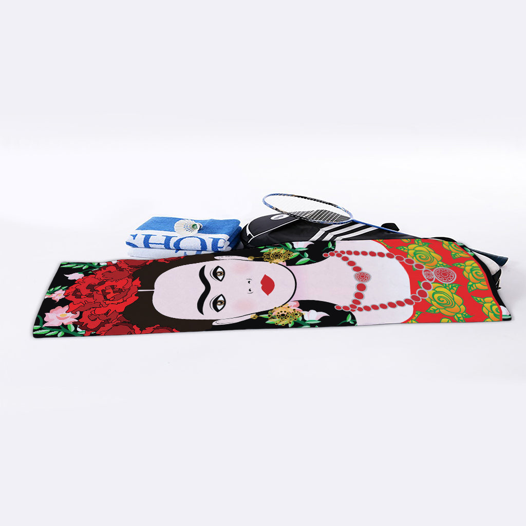 Frida Kahlo And Pink Flower Print Sports Towel