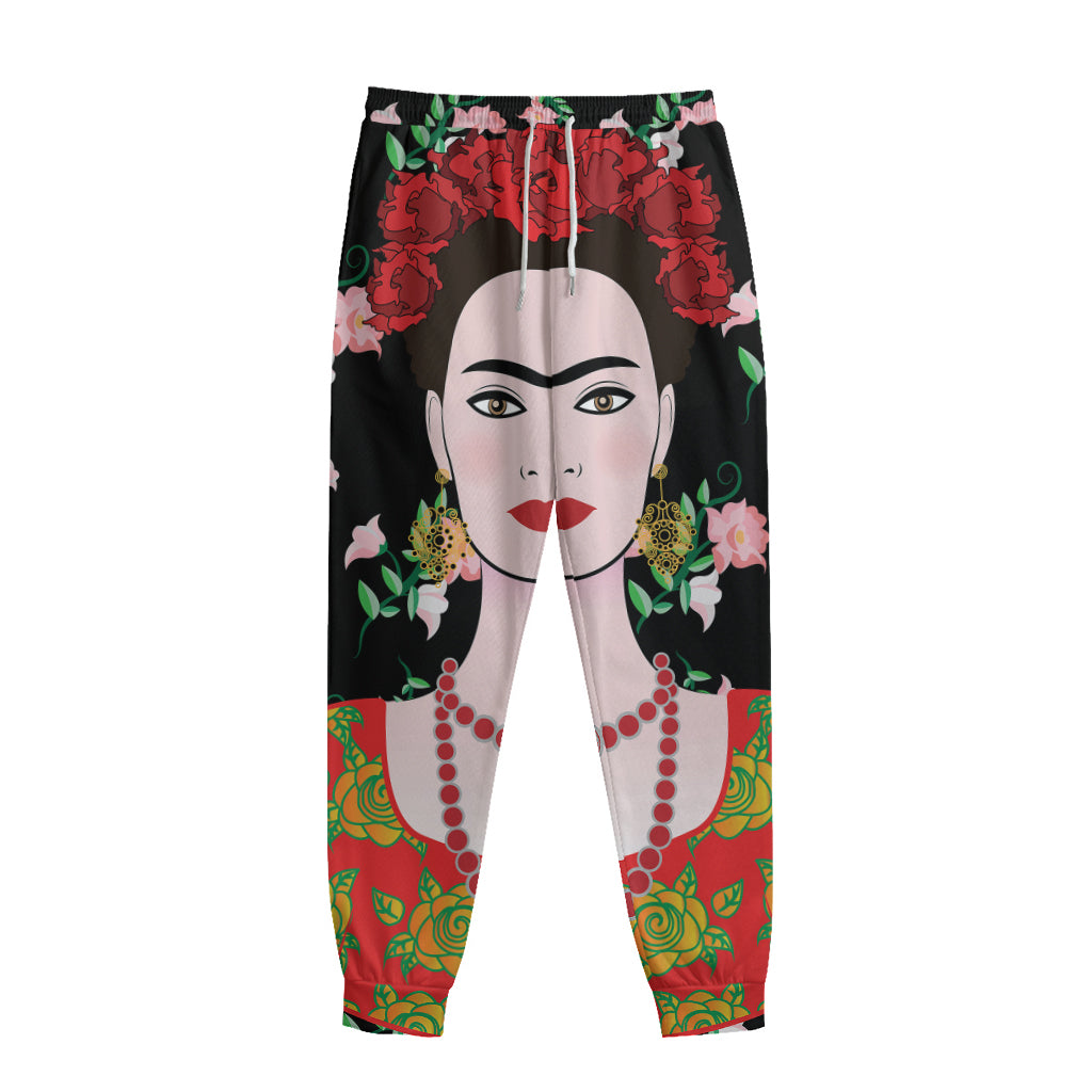 Frida Kahlo And Pink Flower Print Sweatpants