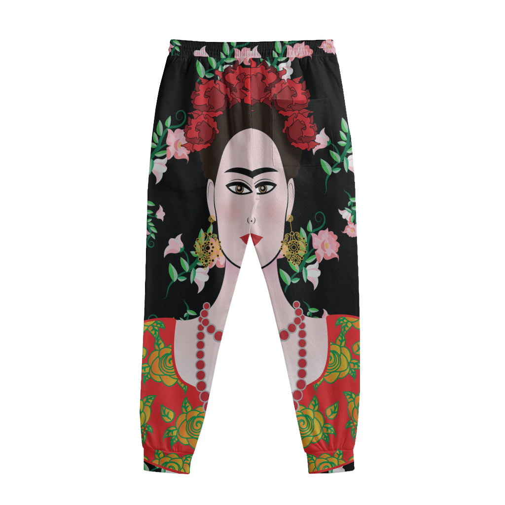 Frida Kahlo And Pink Flower Print Sweatpants