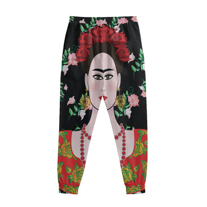 Frida Kahlo And Pink Flower Print Sweatpants