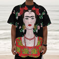 Frida Kahlo And Pink Flower Print Textured Short Sleeve Shirt