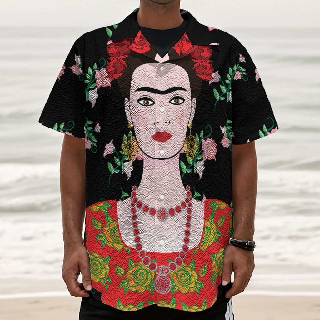 Frida Kahlo And Pink Flower Print Textured Short Sleeve Shirt