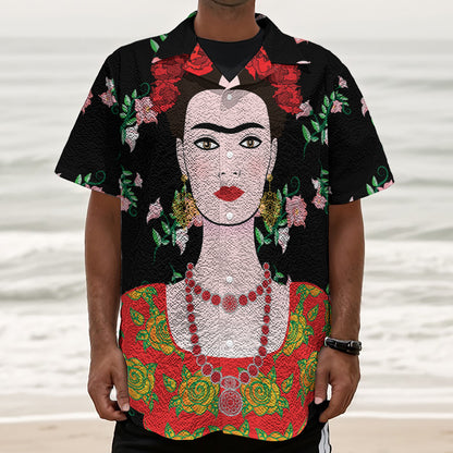 Frida Kahlo And Pink Flower Print Textured Short Sleeve Shirt