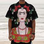 Frida Kahlo And Pink Flower Print Textured Short Sleeve Shirt