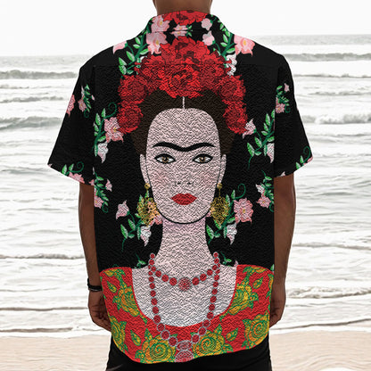 Frida Kahlo And Pink Flower Print Textured Short Sleeve Shirt