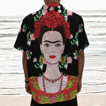 Frida Kahlo And Pink Flower Print Textured Short Sleeve Shirt