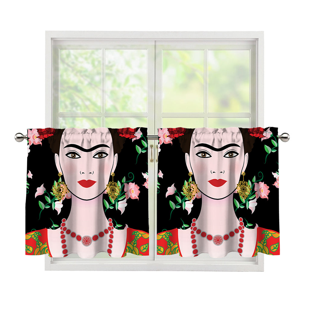 Frida Kahlo And Pink Flower Print Tier Curtains