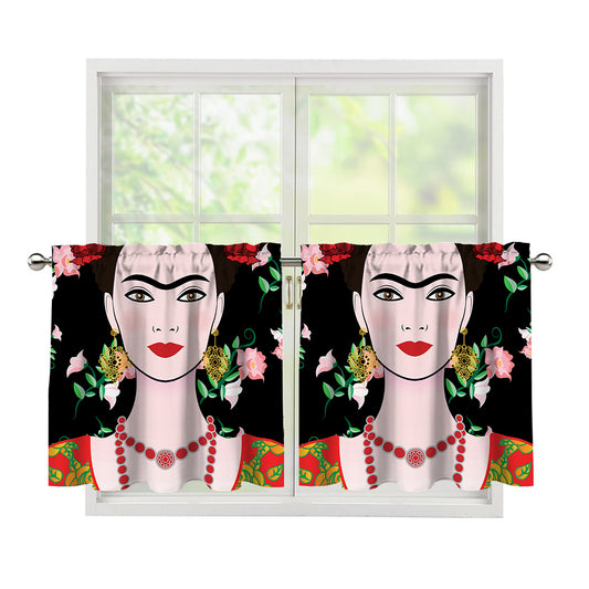 Frida Kahlo And Pink Flower Print Tier Curtains