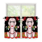 Frida Kahlo And Pink Flower Print Tier Curtains