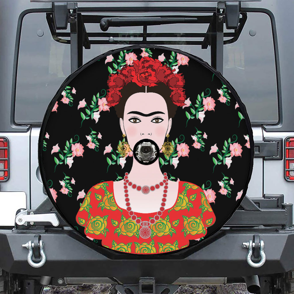 Frida Kahlo And Pink Flower Print Tire Cover With Camera Hole