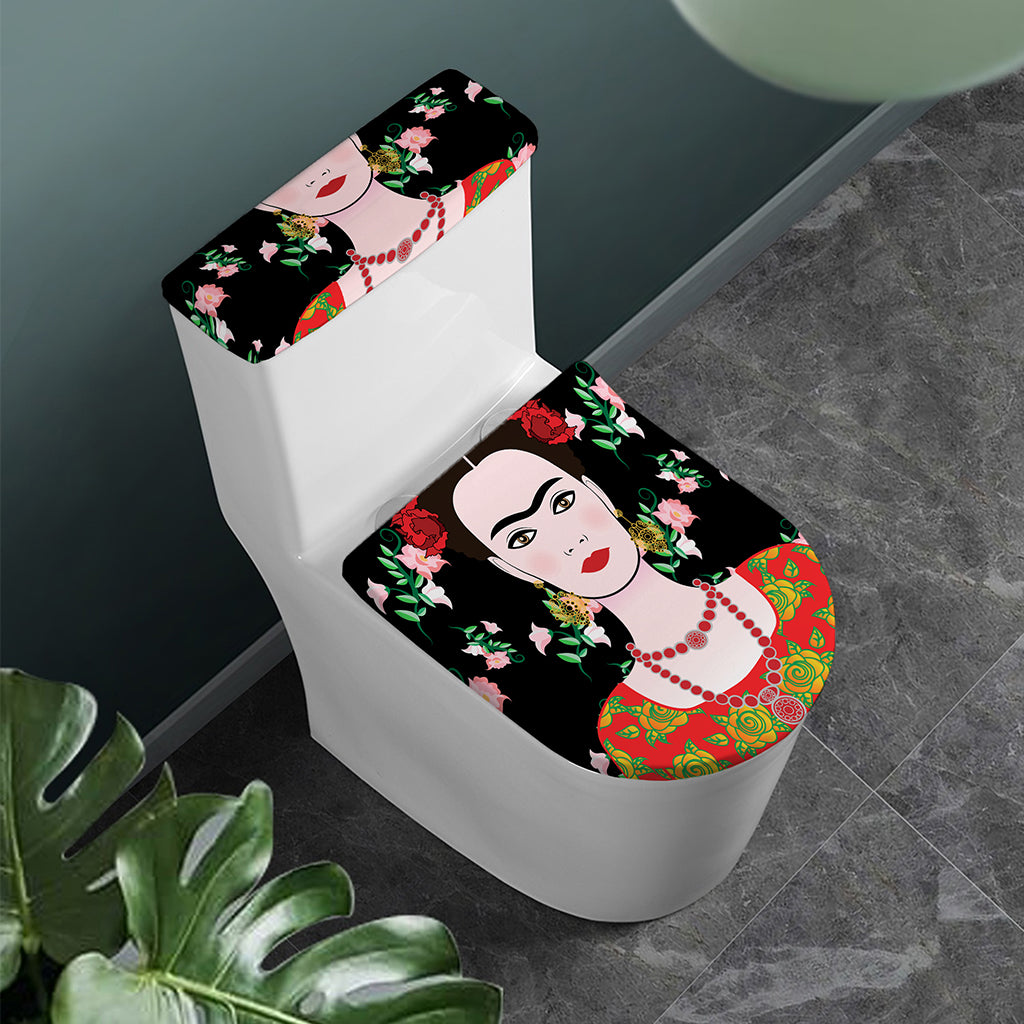 Frida Kahlo And Pink Flower Print Toilet Lid And Tank Cover Set