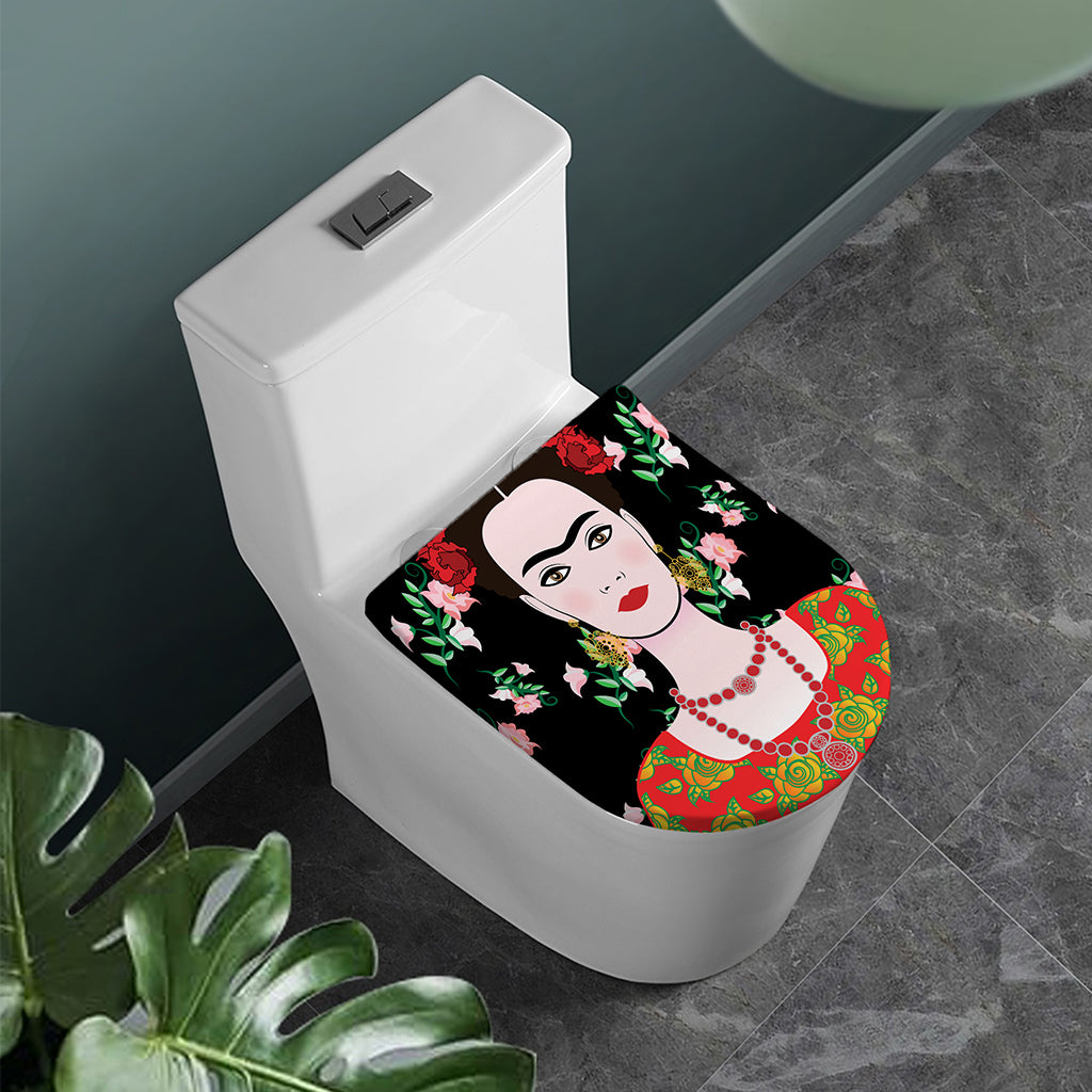 Frida Kahlo And Pink Flower Print Toilet Lid Cover