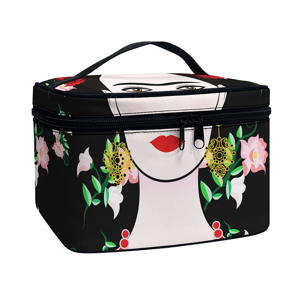 Frida Kahlo And Pink Flower Print Travel Makeup Bag