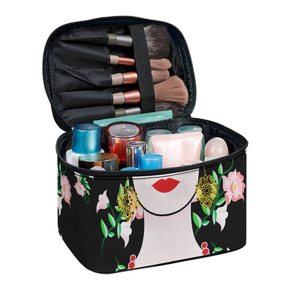 Frida Kahlo And Pink Flower Print Travel Makeup Bag