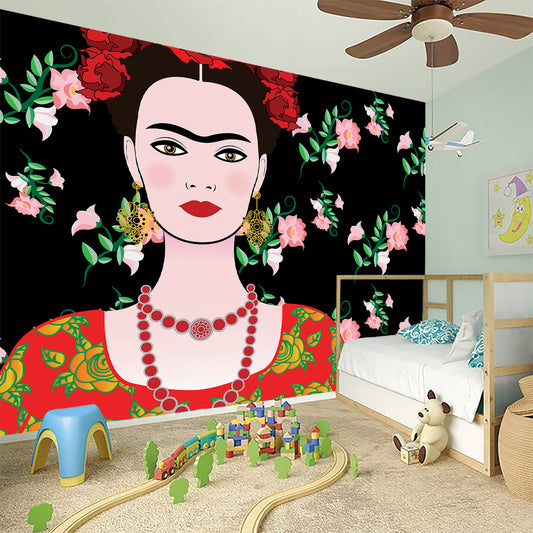 Frida Kahlo And Pink Flower Print Wall Sticker