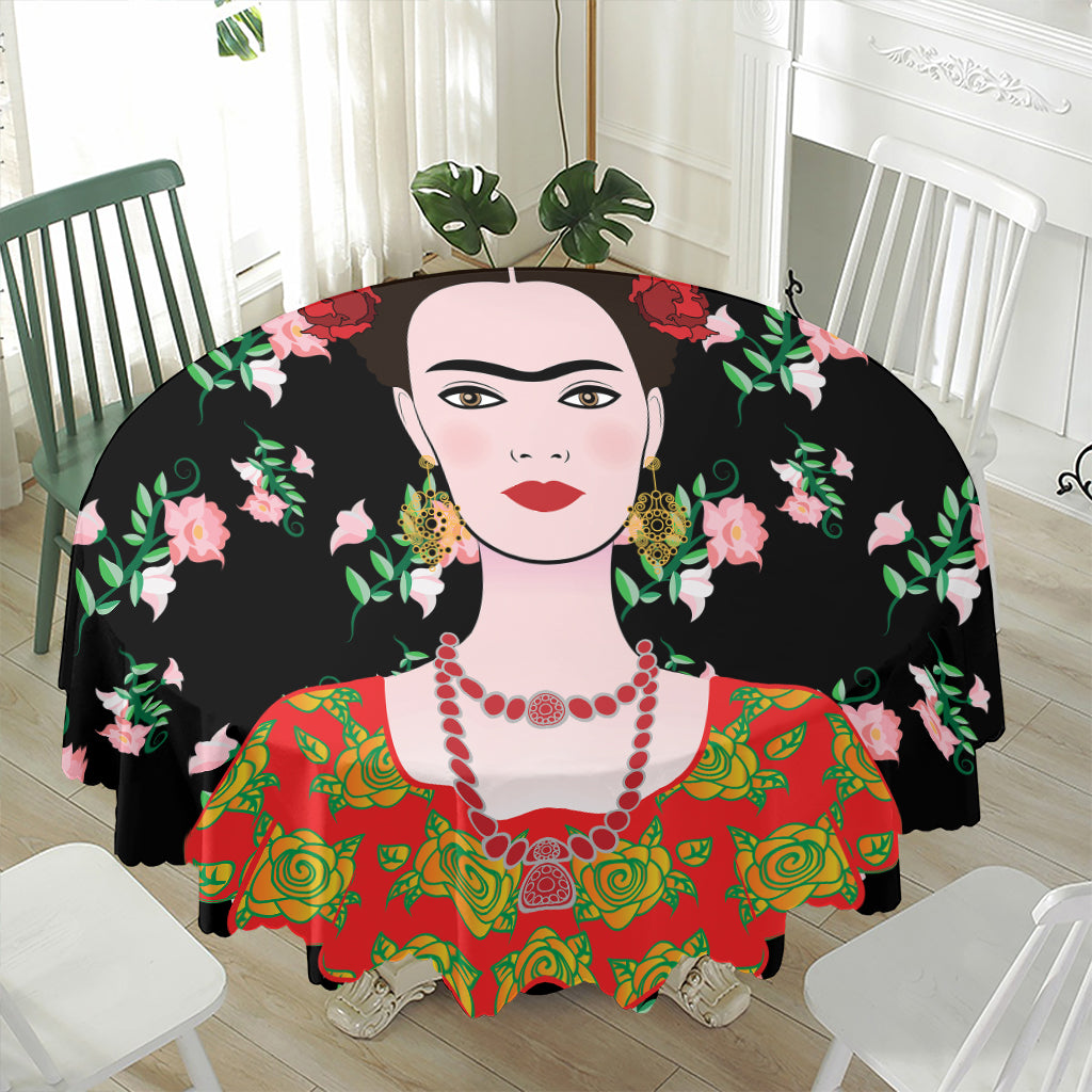 Frida Kahlo And Pink Flower Print Waterproof Round Tablecloth