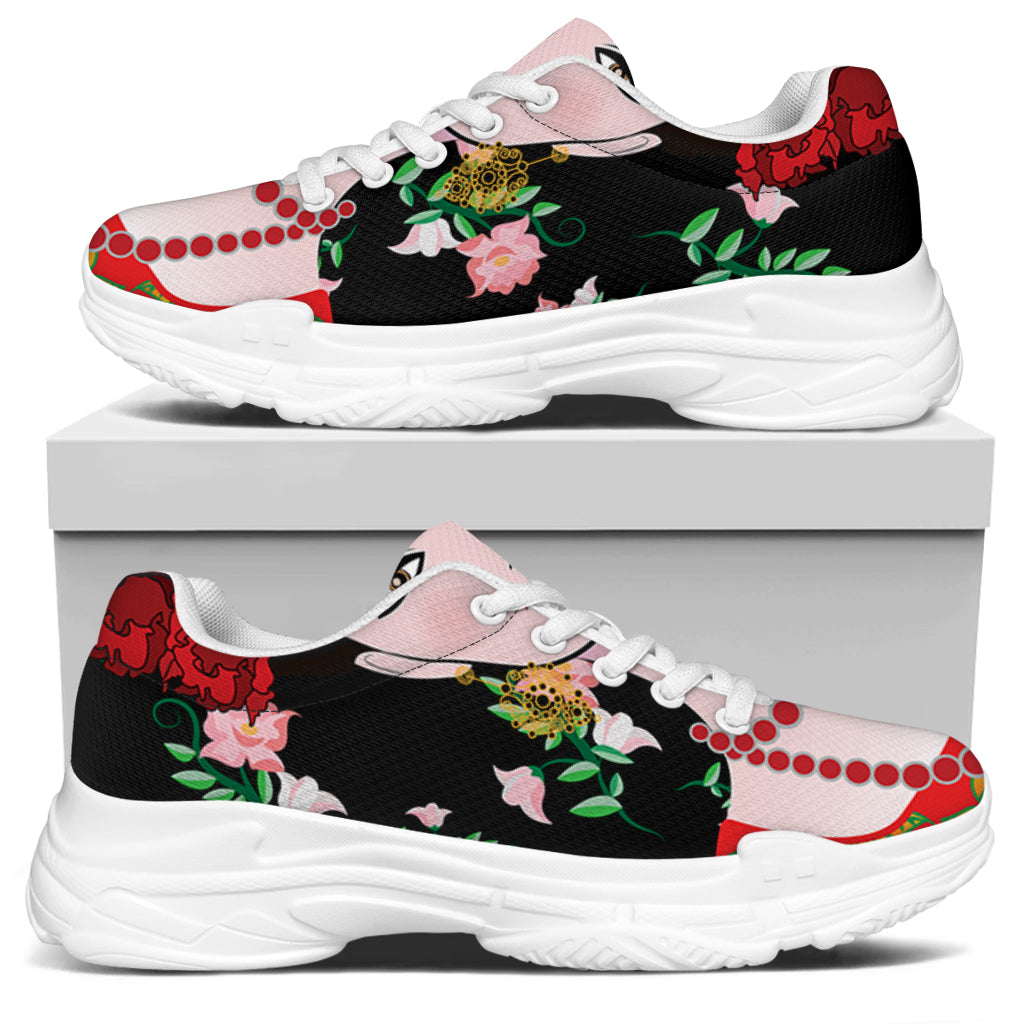 Frida Kahlo And Pink Flower Print White Chunky Shoes