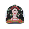 Frida Kahlo And Pink Flower Print White Mesh Trucker Hat