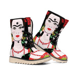 Frida Kahlo And Pink Flower Print Winter Boots