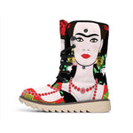 Frida Kahlo And Pink Flower Print Winter Boots
