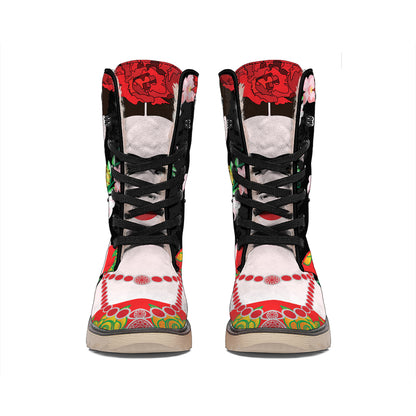 Frida Kahlo And Pink Flower Print Winter Boots