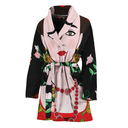 Frida Kahlo And Pink Flower Print Women's Bathrobe