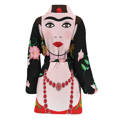 Frida Kahlo And Pink Flower Print Women's Bathrobe
