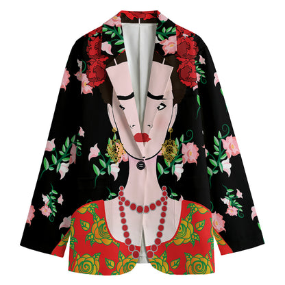 Frida Kahlo And Pink Flower Print Women's Blazer
