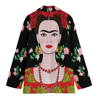 Frida Kahlo And Pink Flower Print Women's Blazer