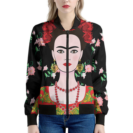 Frida Kahlo And Pink Flower Print Women's Bomber Jacket