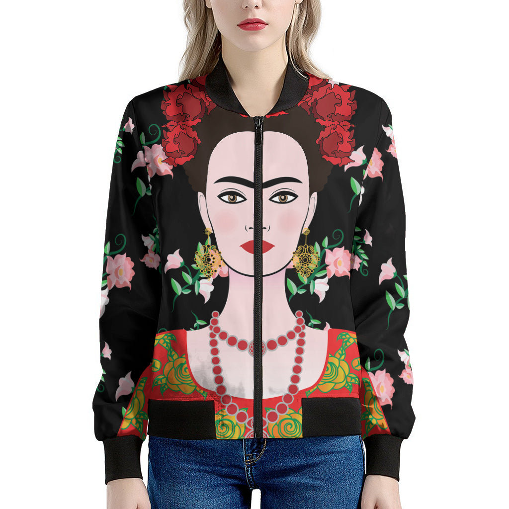 Frida Kahlo And Pink Flower Print Women's Bomber Jacket
