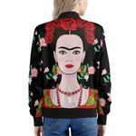 Frida Kahlo And Pink Flower Print Women's Bomber Jacket
