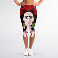 Frida Kahlo And Pink Flower Print Women's Capri Leggings