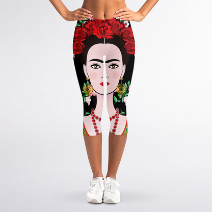 Frida Kahlo And Pink Flower Print Women's Capri Leggings