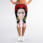 Frida Kahlo And Pink Flower Print Women's Capri Leggings
