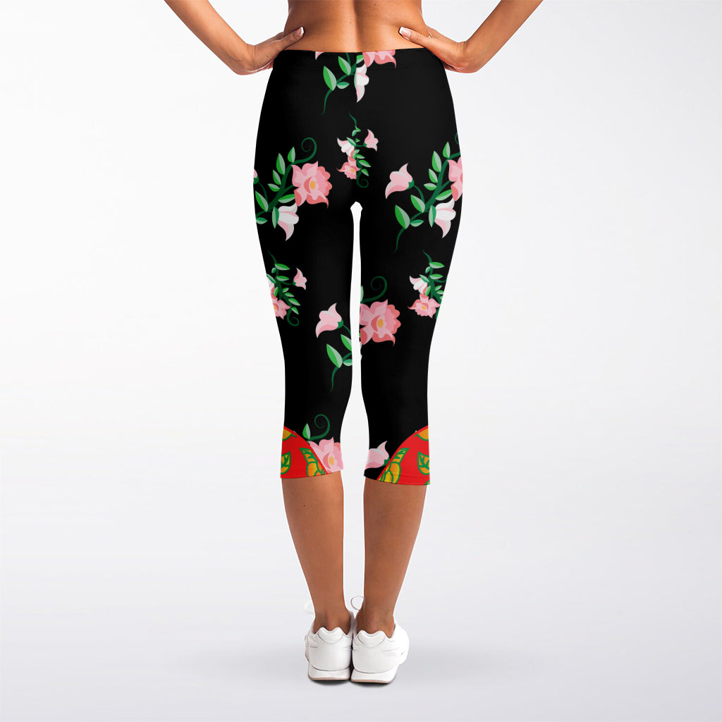 Frida Kahlo And Pink Flower Print Women's Capri Leggings