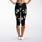 Frida Kahlo And Pink Flower Print Women's Capri Leggings