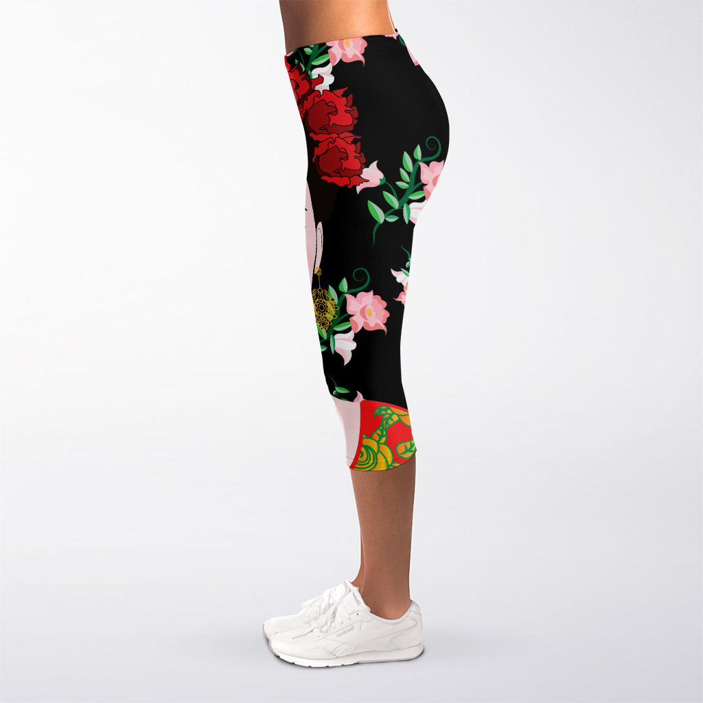 Frida Kahlo And Pink Flower Print Women's Capri Leggings