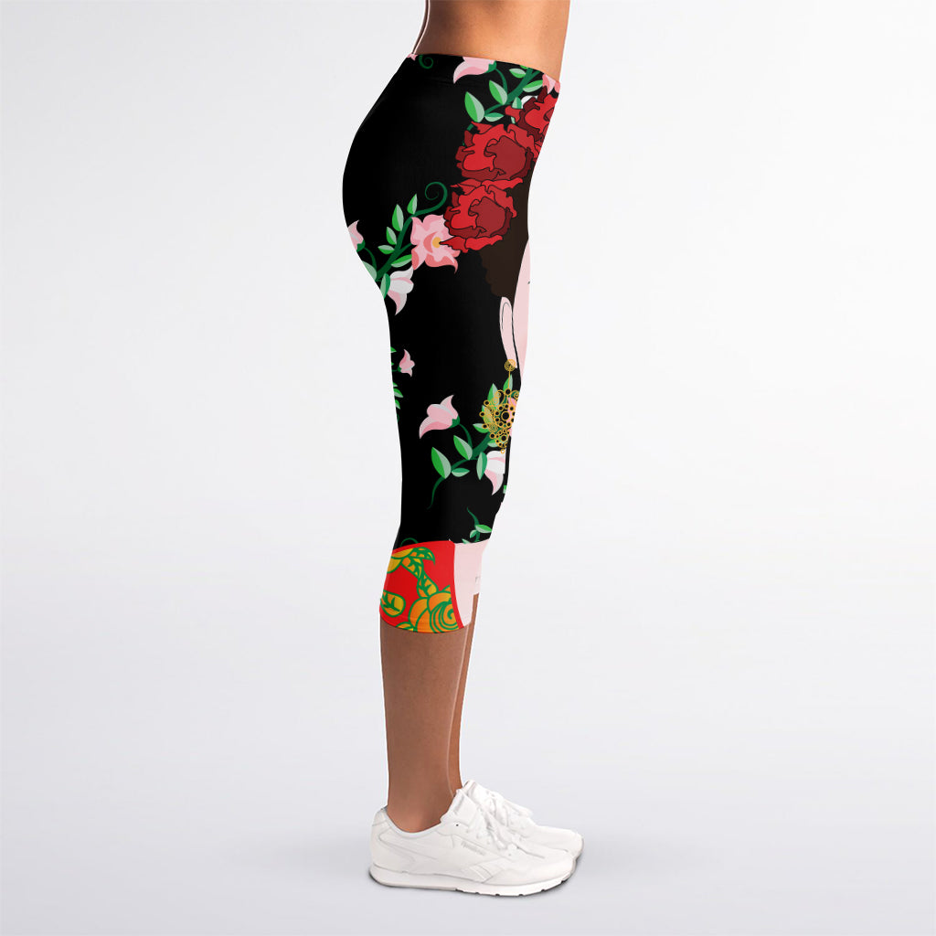 Frida Kahlo And Pink Flower Print Women's Capri Leggings