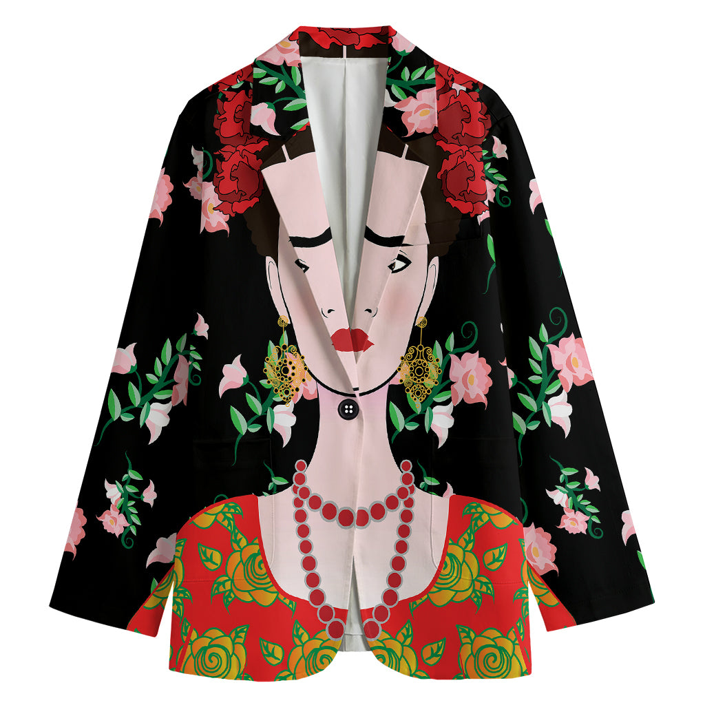 Frida Kahlo And Pink Flower Print Women's Cotton Blazer