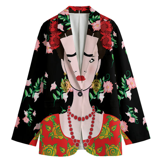 Frida Kahlo And Pink Flower Print Women's Cotton Blazer